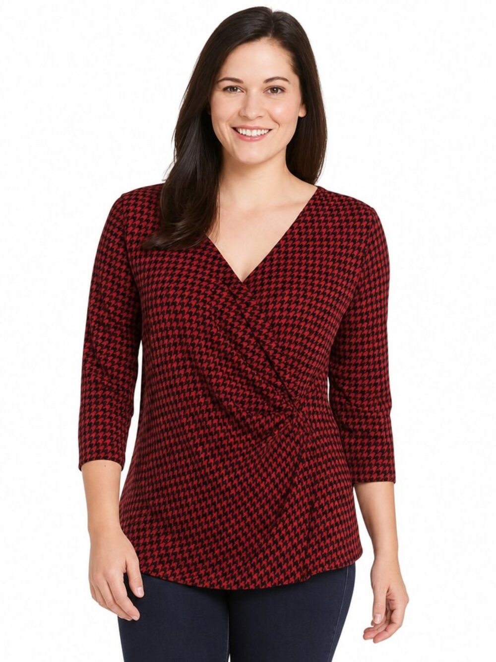 Red & Black Houndstooth Wrap Blouse | V-Neck, 3/4 Sleeve | Stylish & Flattering